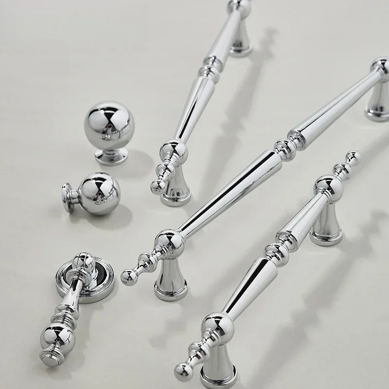 Bright Chrome Solid Brass Cabinet Knobs Silver Furniture Hardware Drawer Pull French Luxury Cupboard Handles Kitchen Accessories