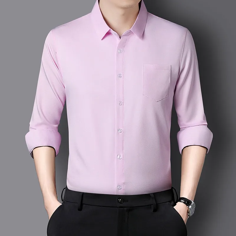 قمصان بيضاء للرجال ملابس مكتبية عالية الجودة غير حديدية مع جيب الثدي قمصان رجل الأعمال طويلة الأكمام عادية بولو T القمم