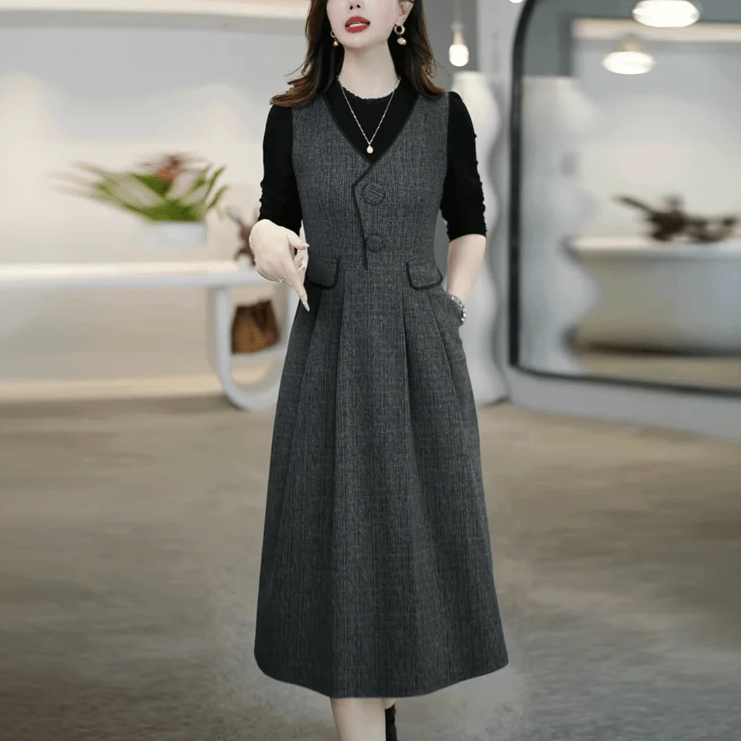 Stylish Splicing Fake Two Slimming Long Sleeved O_neck Dress for Women\'s Spring Autumn Medium Length Age Reducing Elegance Skirt