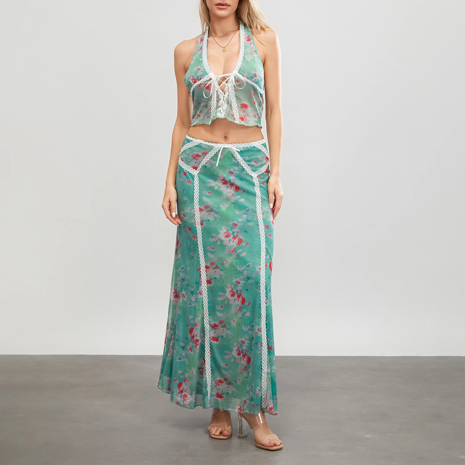 

Women Summer Skirt Set Retro Flower Print Sleeveless Tie-up Halterneck Backless Vest with Long Skirt Outfit Club Streetwear