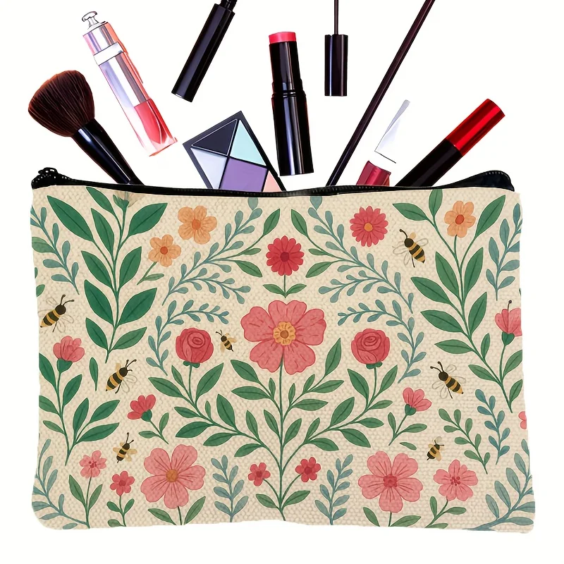 A Retro floral and bee makeup bag - cute multifunctional zip pouch for women, jewelry storage bag