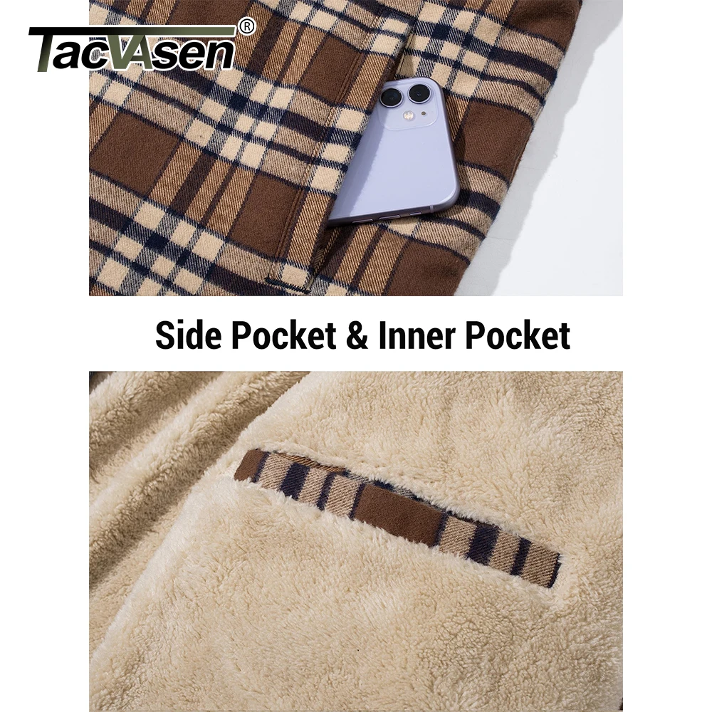 TACVASEN Men\'s Flannel Shirt Jackets Cotton Soft Fleece Lined Button Down Plaid Quilted Winter Hooded Coats Thick Hoodie Outwear