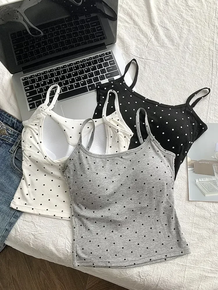 Korean Fashion Tank Tops Women Dot Print Spaghetti Strap Female Camis Built in Bra Backless Summer Streetwear Crop Top Dropship