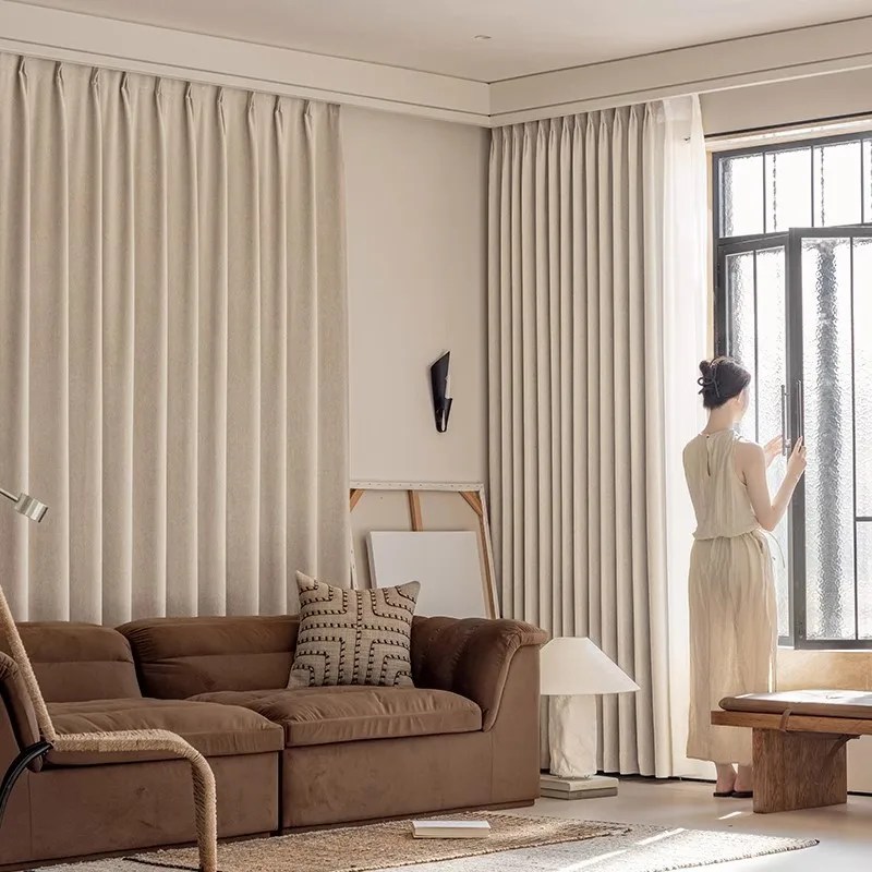 New Fully Blackout Cotton Linen Linen Japanese Style Wooden Wind Cream Color Curtains for Living Dining Room Bedroom Decoration