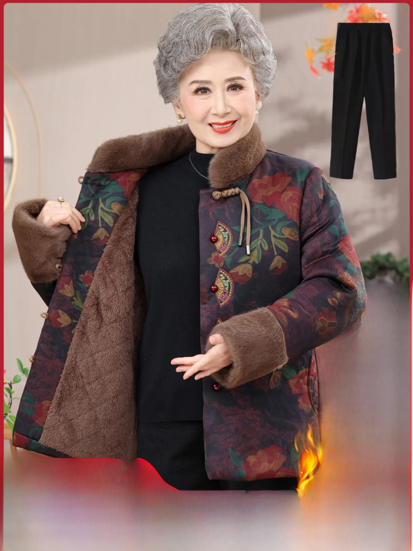 厚手のフリース冬用綿ジャケット、高齢女性向け、伝統的な中国風の暖かいコート、ポケット付き、ロングパンツ