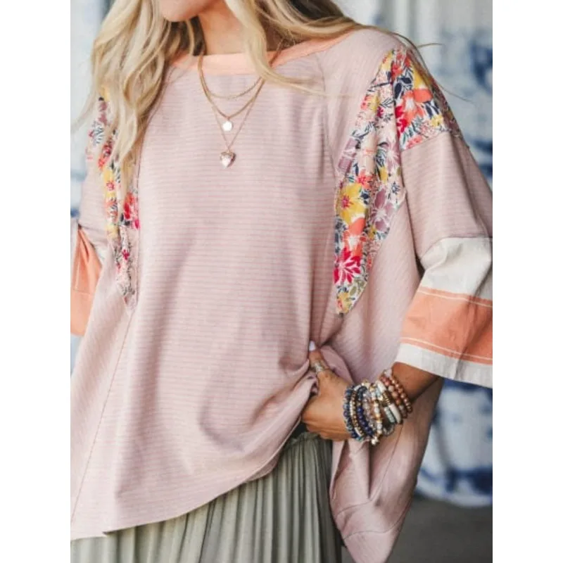 

Plus Size 1XL-5XL Women's Fashion 3/4 Sleeve Flower Striped Pullovers Ladies Casual Round Neck Loose T-shirt