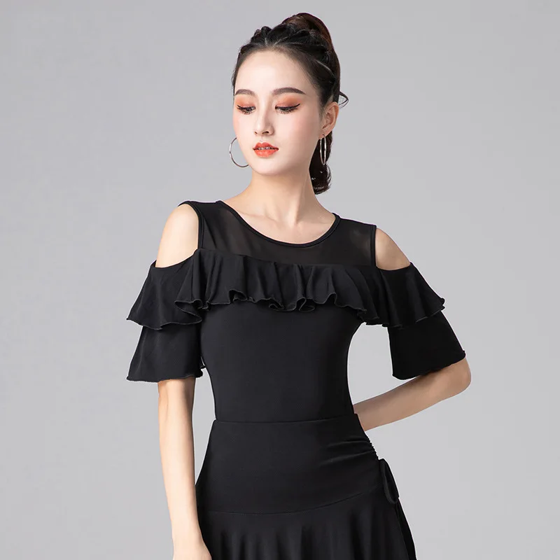 Women Latin Ballroom Costume Vestidos Baile Latino Top Female Sexy Off-the-shoulder Chiffon Ruffled Lace Sleeves Waltz Dancewear