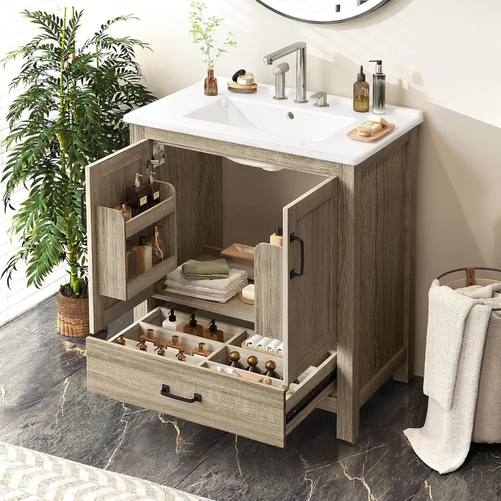 

30'' Bathroom Vanity with Single Sink Combo, Freestanding Bathroom Vanities with Ceramic Sink & Door Shelf, Farmhouse Storage