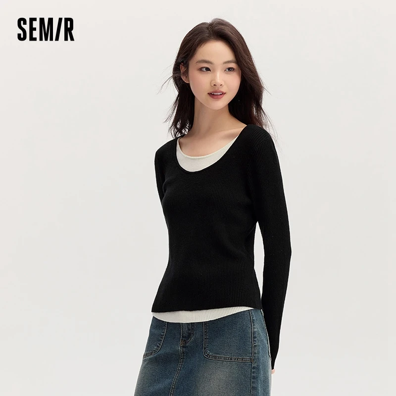 Semir Sweater Women Color-Block Faux Two-Piece Sweater Slim Fit Versatile 2024 New Autumn Round Neck Pullover Slimming Effect