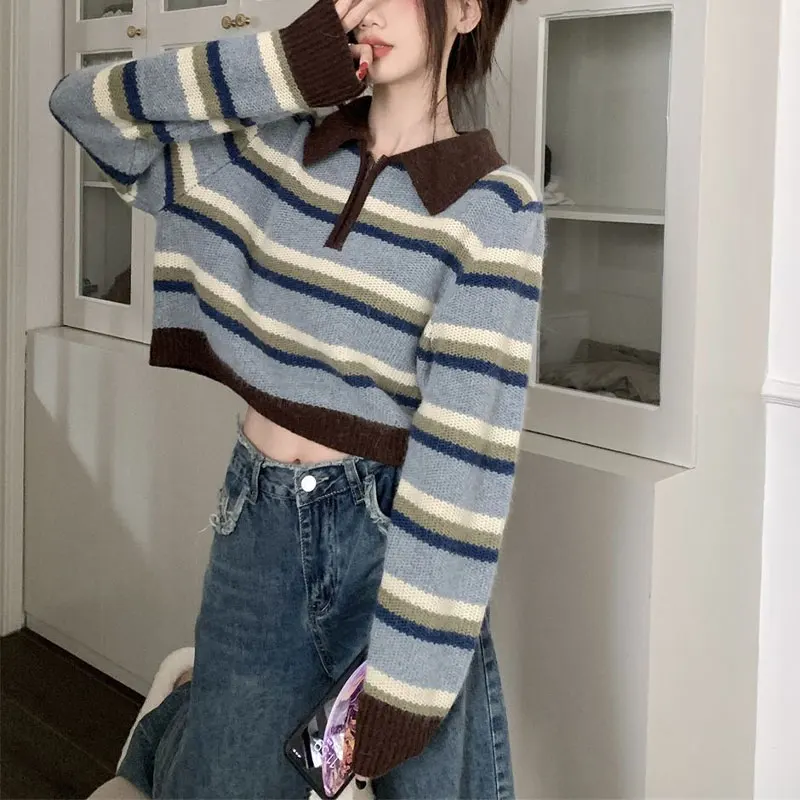 Vintage Polo-Neck Zipper Sweaters Women\'s Clothing Contrasting Colors Striped Autumn Winter Long Sleeve Loose Knitted Jumpers