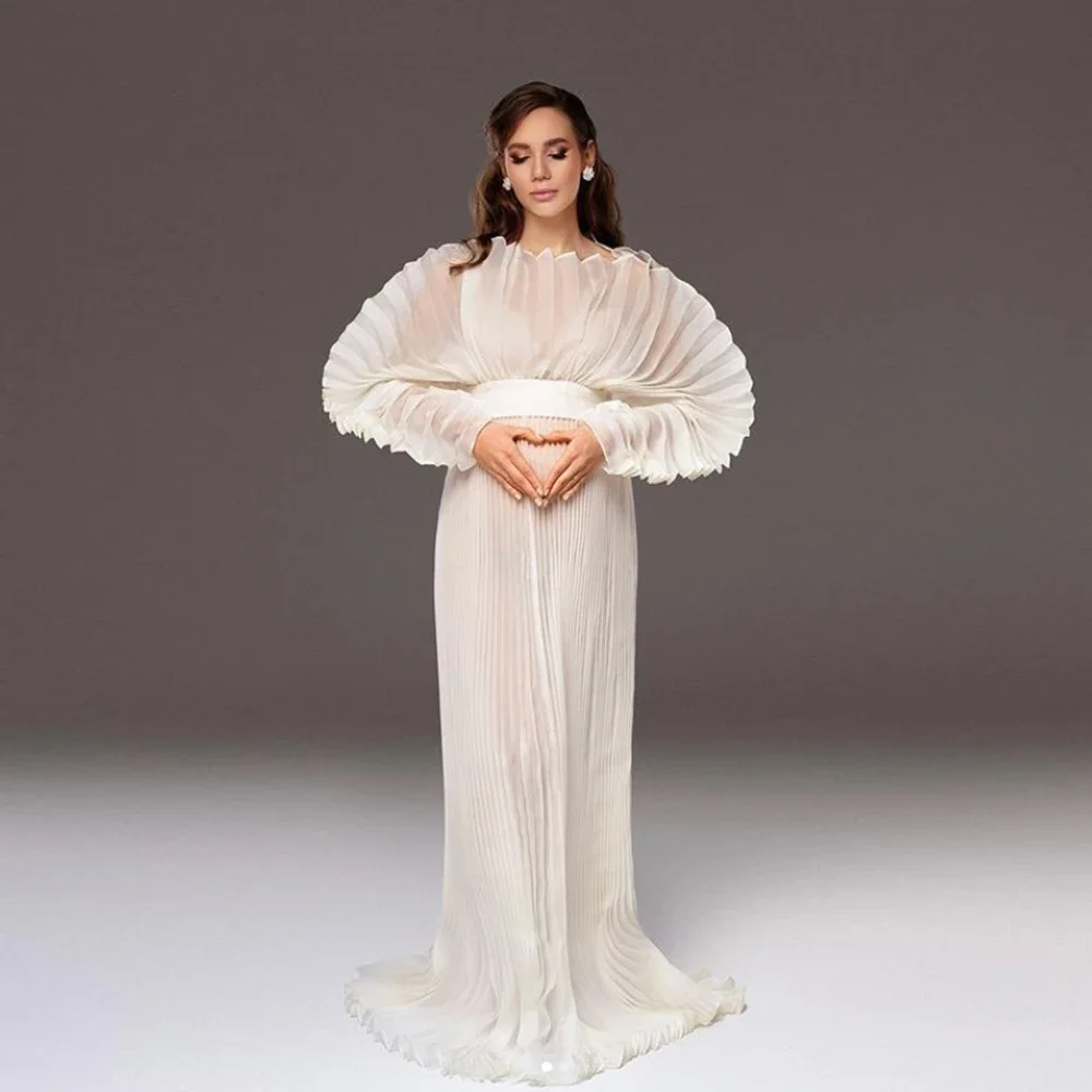 Fashion Maternity Dress Gown for PhotoShoot Dresses for Pregnancy Organza Pleated Off Shoulder in white dress Plus size