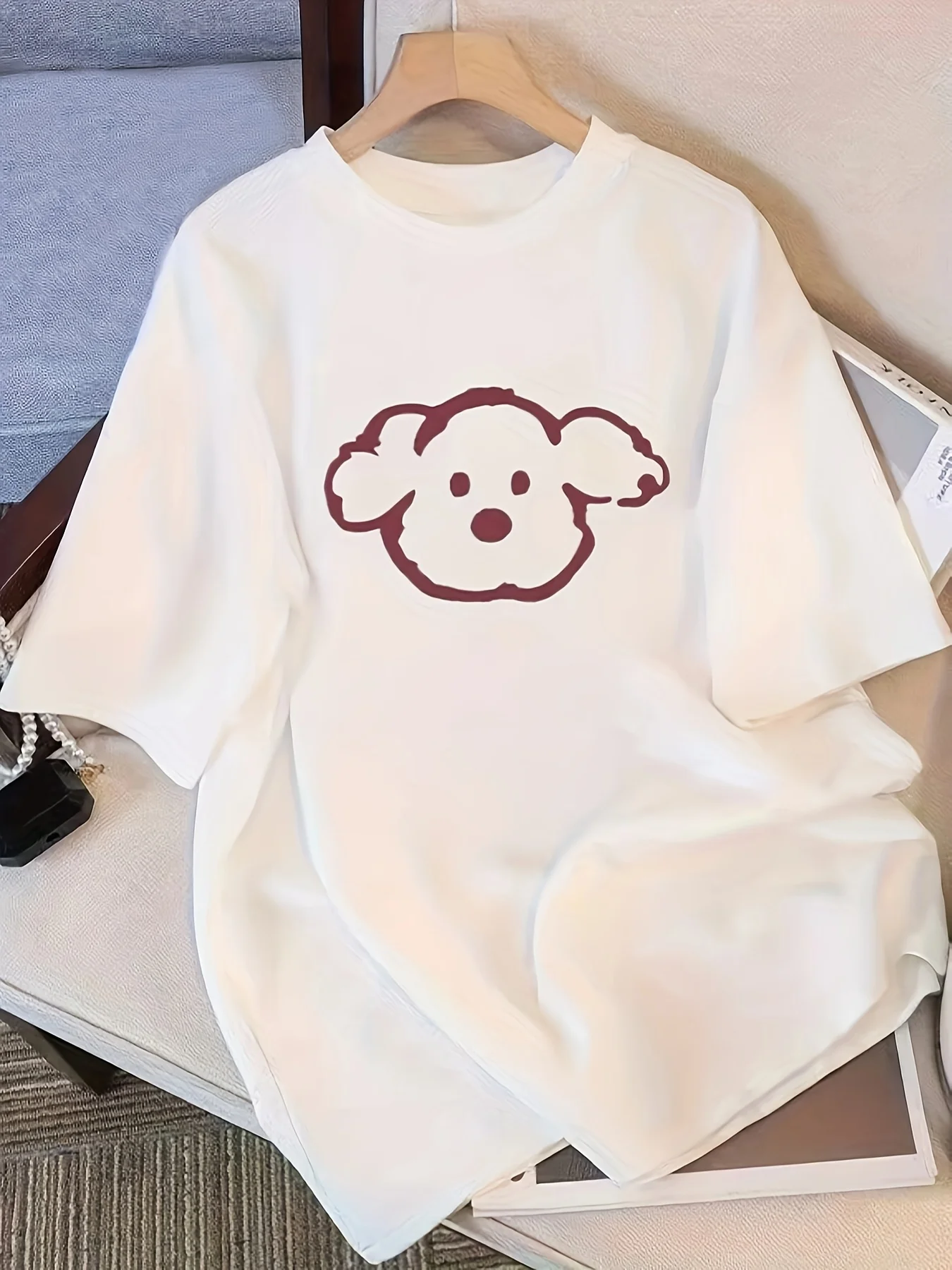 Women's Short Sleeve T-Shirt Cute Cartoon Dog Print Crew Neck Casual Top Fashion T-Shirt Simple Design Soft Texture Shirt Y2K