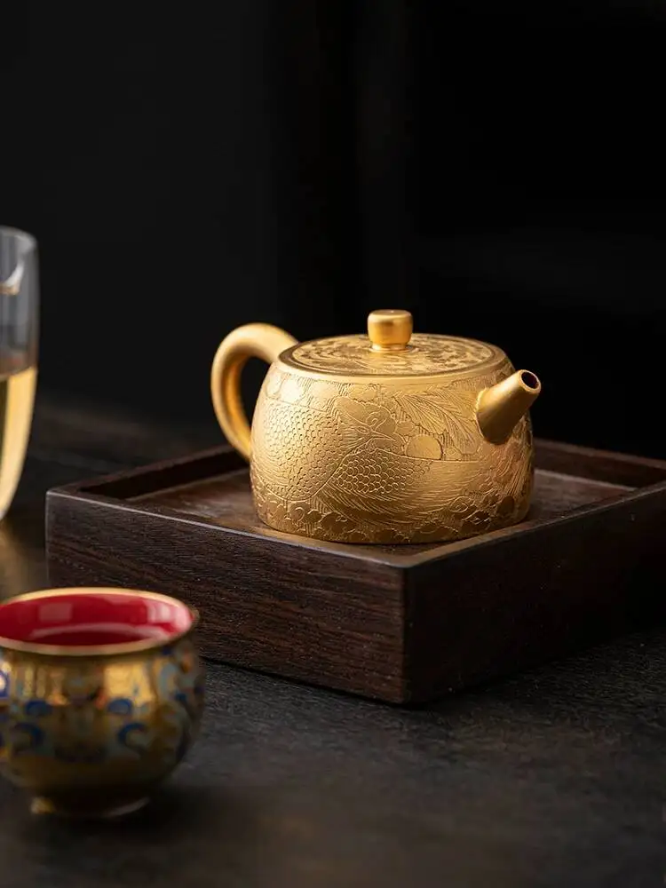 Purely Hand-Carved Gilt 24K Raw Ore Purple Clay Pure Gold Well-Barrel Teap, Household Kung Fu Tea Set, Dragon And Phoenix