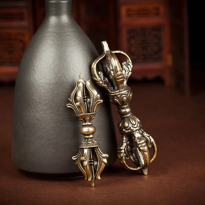 Brass Five-Pronged Vajra Demonic-Subduing Pestle, Tibetan Esoteric Handcrafted Copper Ornament, Antique-Style Craft