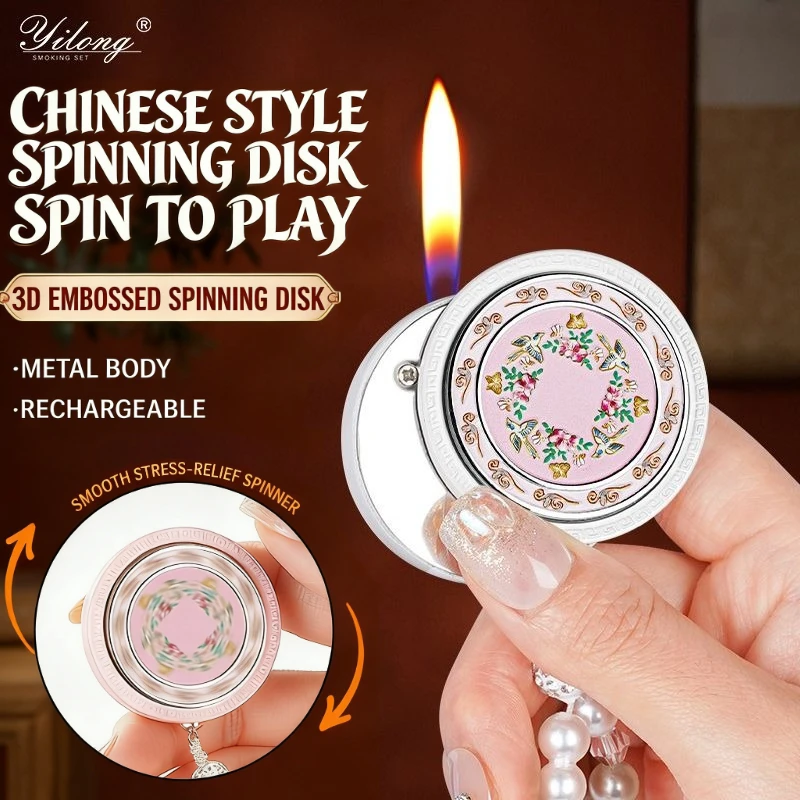 

Креативная зажигалка-спиннер в китайском стиле, с 3D-узором из цветов и птиц, из сплава, многоразовая, с открытым пламенем, для снятия стресса