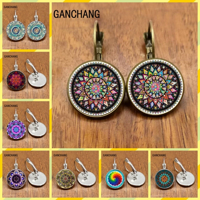 Om Indian Yoga colorido Mandala/mandala religiosa caleidoscopio Boho cabujón de cristal pendientes mujer joyería de regalo de moda