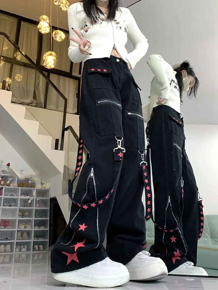 American Heavy Ins Dark Jeans Women Panelled Lace Up Patchwork All-match Trousers Slim Straight Loose High Waist Pants