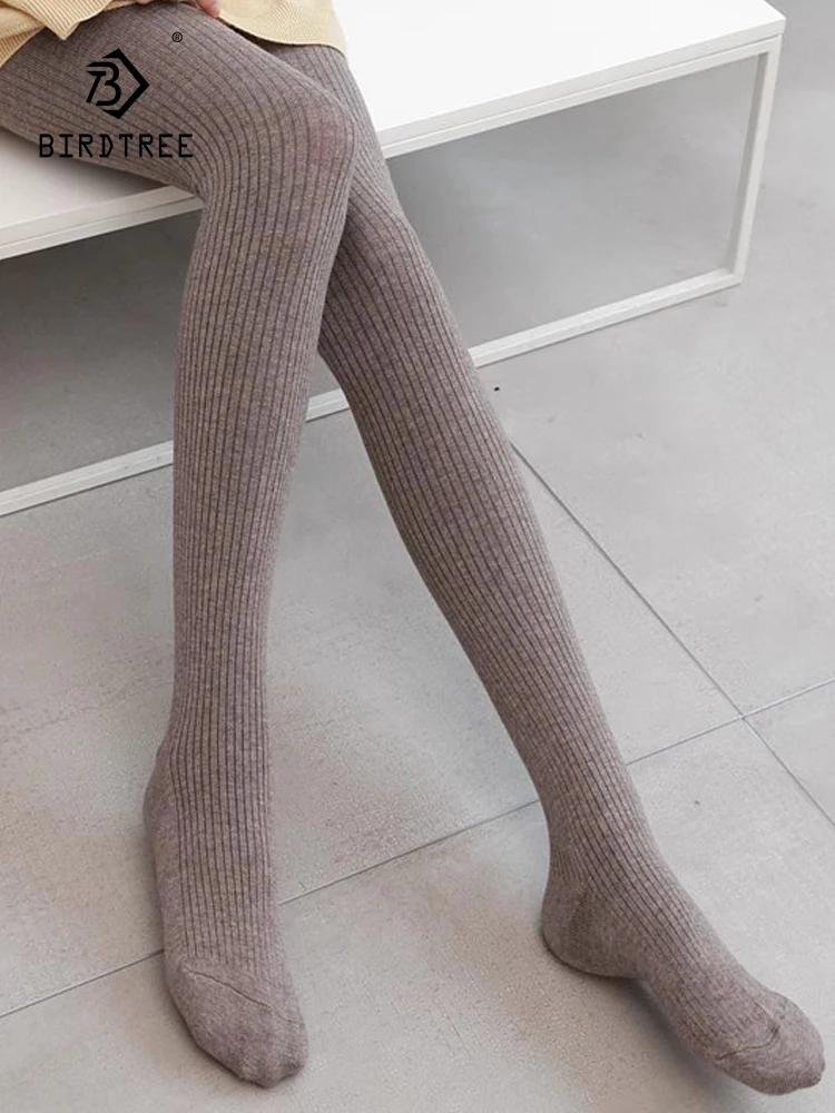 

Birdtree 30.2% Wool Autumn Winter Plush Thick Knitted Pantyhose Women Slimmer Vertical Stripes Thin Bottom Pantyhose P3D229QC