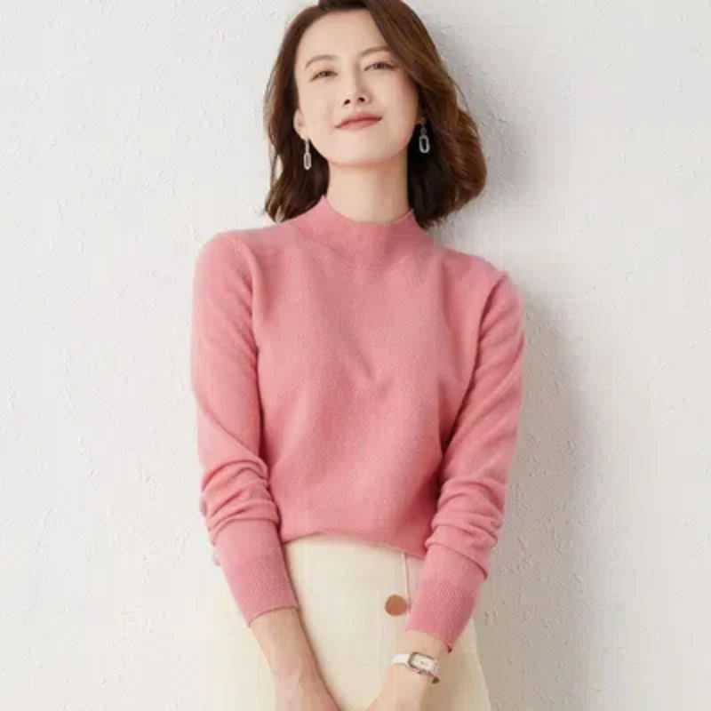 Half Height Sweater Women\'s Long Sleeved Pullover Plus Size Solid Color Versatile Base Sweater Round Neck Cashmere Sweater 122