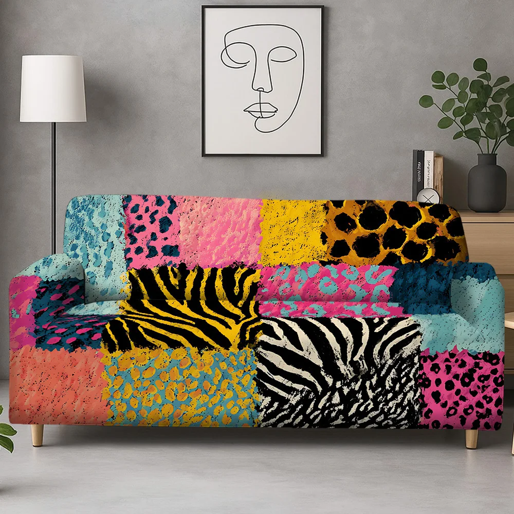 1pc Vibrant Colorful Patchwork Animal Print Stretch Sofa Cover, Removable Washable Couch Slipcover for Bold Boho Home Decor view 5