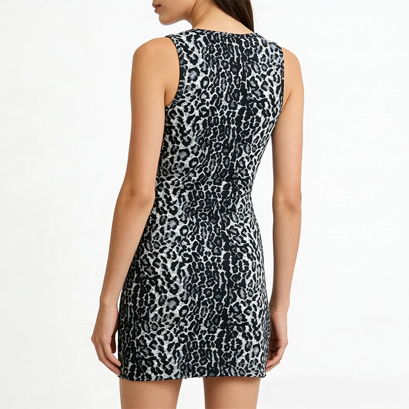 Verão feminino mini vestido fino ajuste sexy leopardo impressão sem mangas em torno do pescoço vestidos de festa colete saias