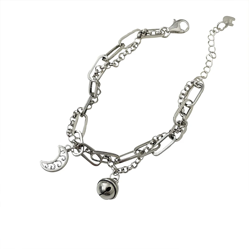 

S925 Sterling Silver Vintage Bell Moon Bracelet Female Ins Small Design High Grade Old Hand Jewelry