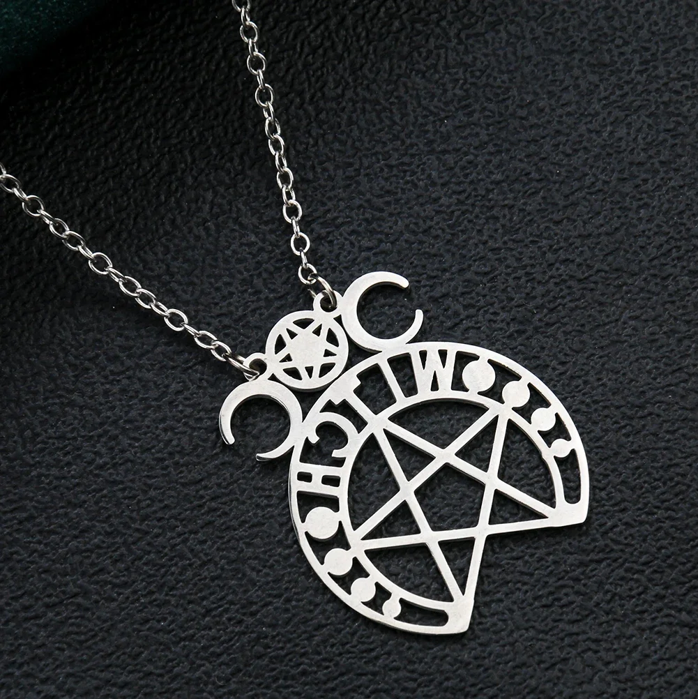 Silver Color Moon Phase Goddess Wizard Necklace Stainless Steel Pentagram Star Pendant Unisex Sweater Yoga Meditation Jewelry