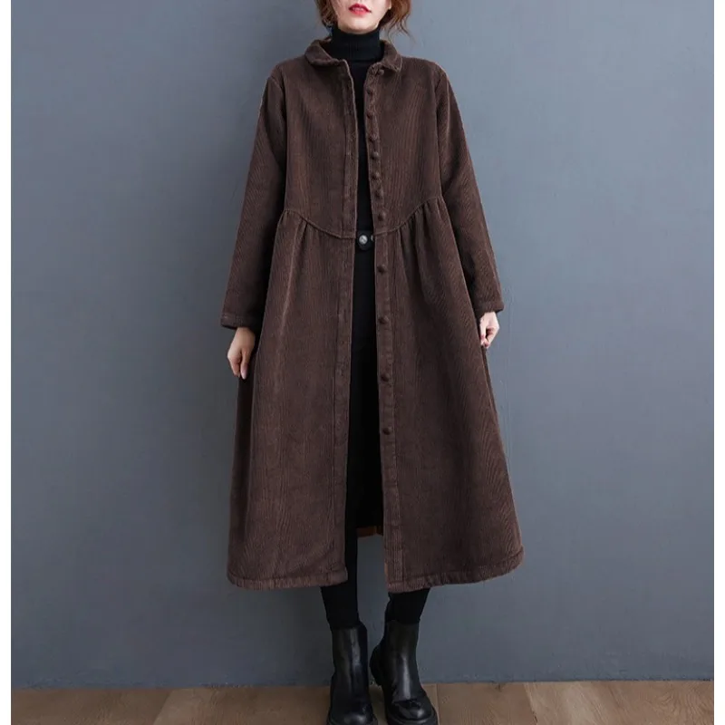 

Настоящее фото 20225, осенне-зимнее свободное вельветовое повседневное пальто с длинными рукавами и длинными рукавами в стиле ретро для женщин