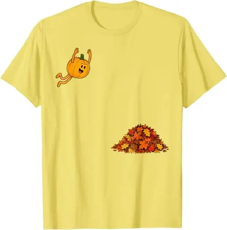 Lustiges T-Shirt mit Kürbis, der in Blätter springt, niedliches Herbstblätter-T-Shirt, Y2k-Humor, Halloween-Kostüm, Neuheitsgeschenk, Grafik-Spruch-T-Shirt – Detail 11