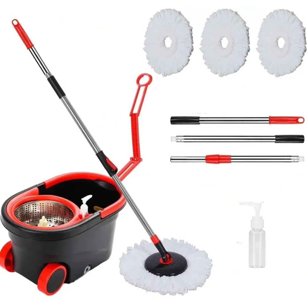 

Mop And Bucket Set With Wringer,Mop Bucket Set With Wheels,With 3 Microfiber Mop Replacement Heads And 61 Stainless Steel Adjus