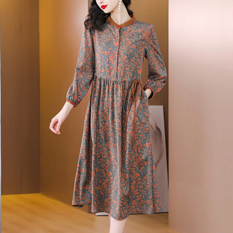 2023 Spring Long Sleeve Silk Printed Large Size Dress for Women's Bohemian O-Neck Loose Waist Slim Over Knee Long Dress Robe