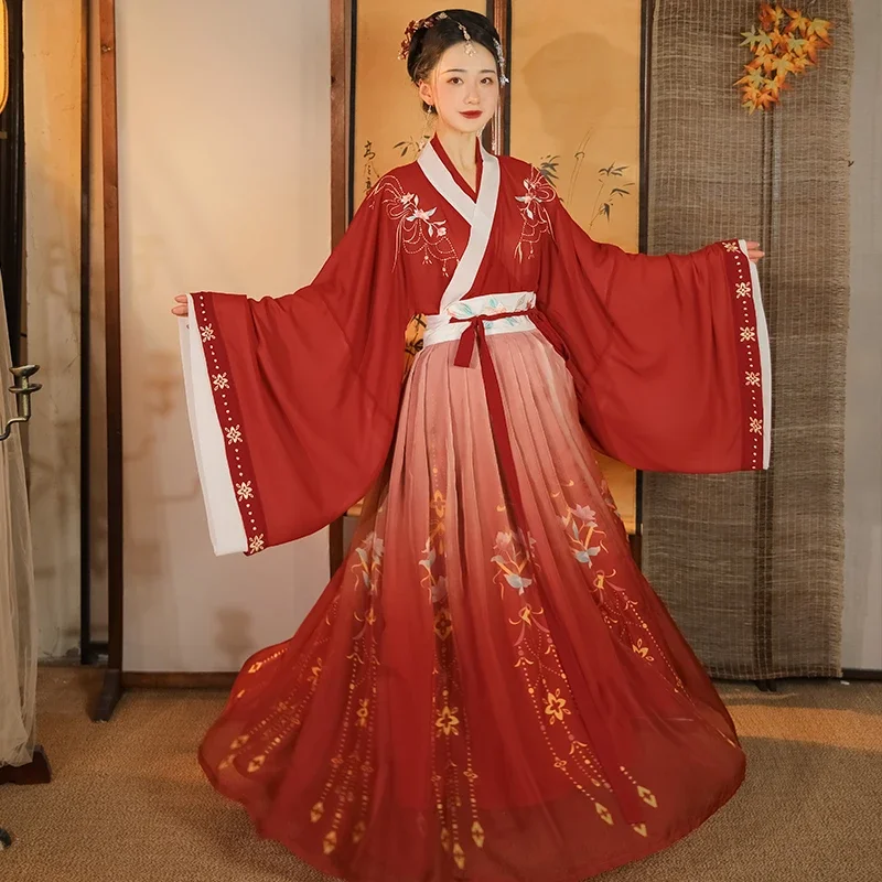 Hanfu tradicional chino para mujer, traje rojo y negro, vestido de princesa Oriental antiguo, ropa de baile de la dinastía Tang elegante