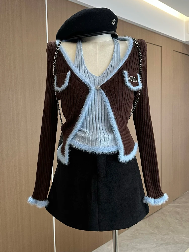 Winter Women Coquette Gyaru Korean Cuddly Sweater Long Sleeve 2000S Aesthetic Fake Two Pieces Cardigan Contrast Color Knitwears