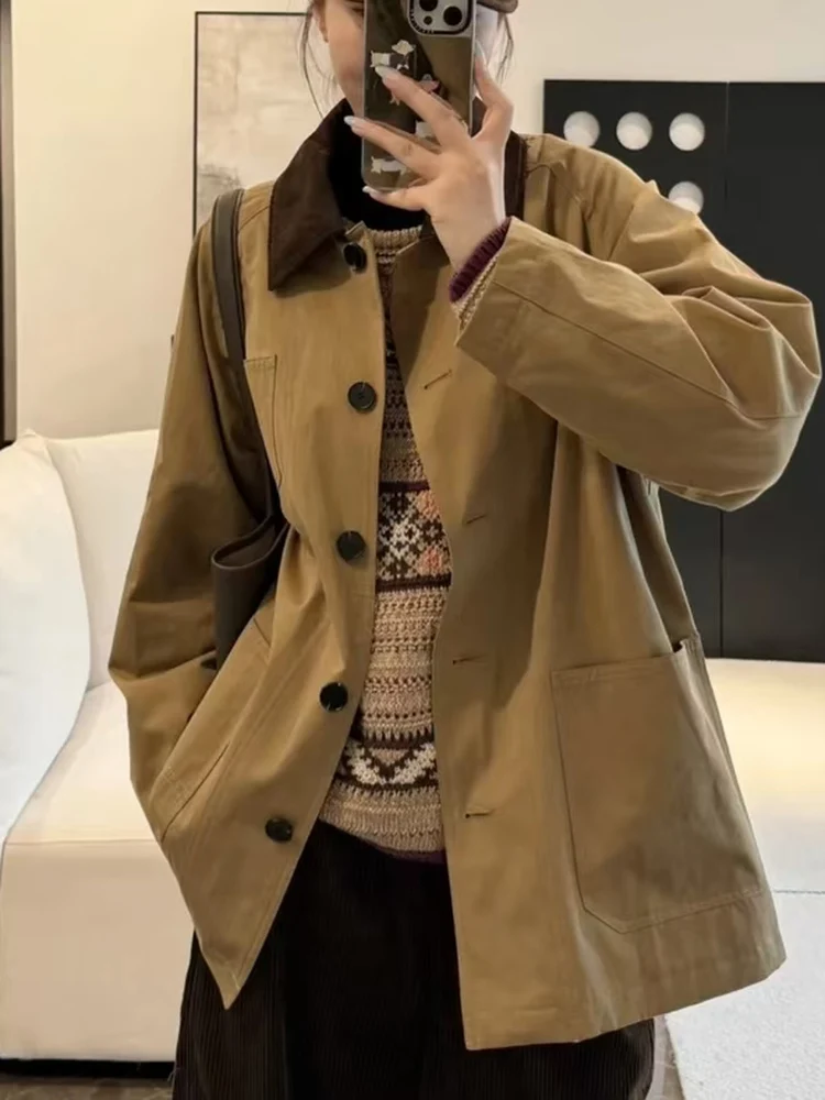 

Рекомендуется! К! Женское пальто Ele Barn Sle свободного кроя в клетку из хлопка с воротником из вельвета, средней длины...