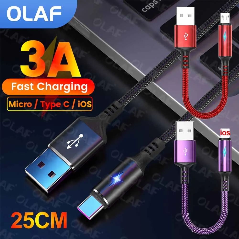 

25cm Short USB Type C Cable 3A Data Micro USB Lightning Cable For iPhone Xiaomi USB To Type C Fast Charging Cable For Power Bank