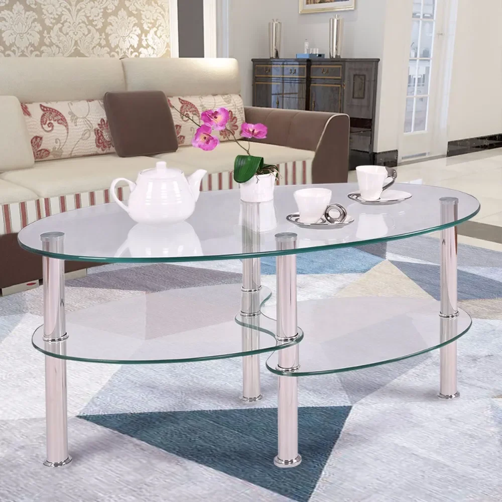 

Tempered Glass Oval Side Coffee Table Shelf Chrome Base Living Room Clear Black Modern Coffee Table HW54317