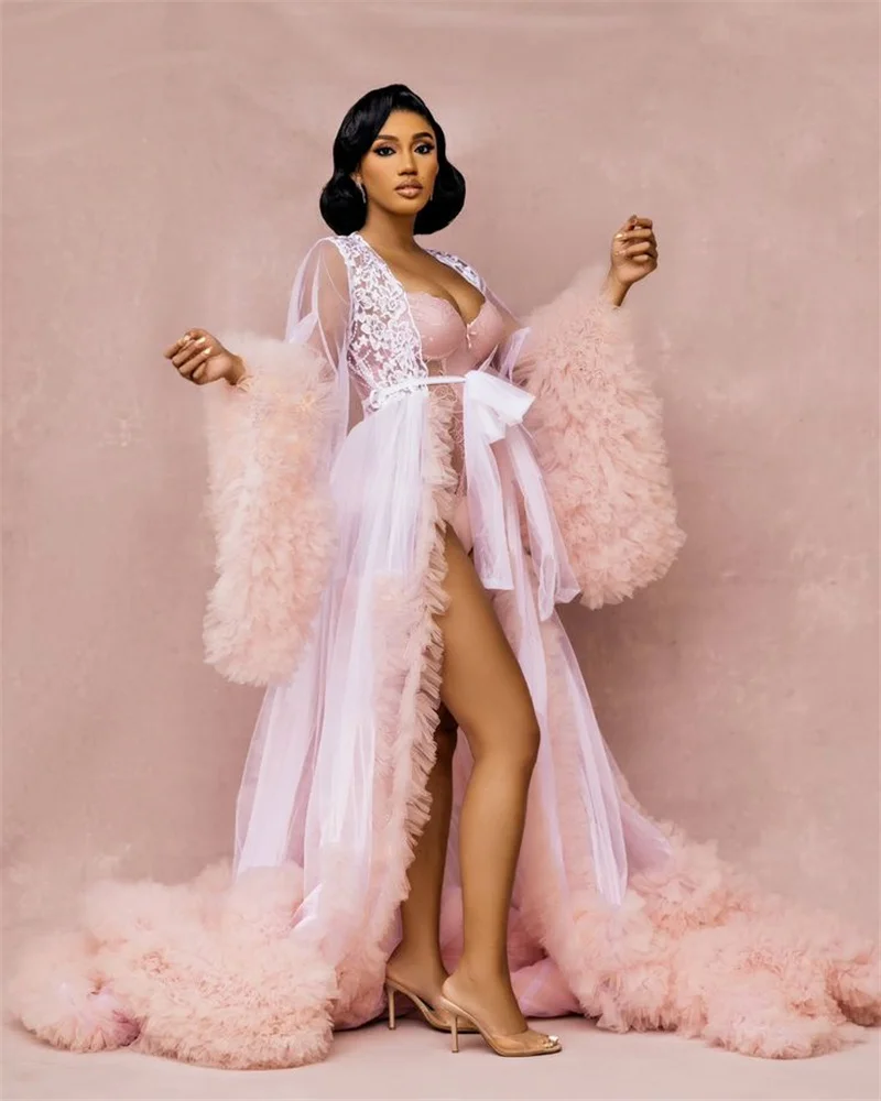 

Pink Women Pregnant Prom Dress White Lace V Neck Puffy Full Sleeves Maternity Robes Tulle Evening Gown Sleepwear Customized