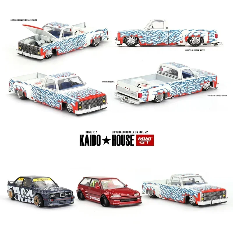 

Предустановленная модель автомобиля Kaido House MINIGT KHMG157 1:64 Silverado Dually On Fire V2, отлитый под давлением капот