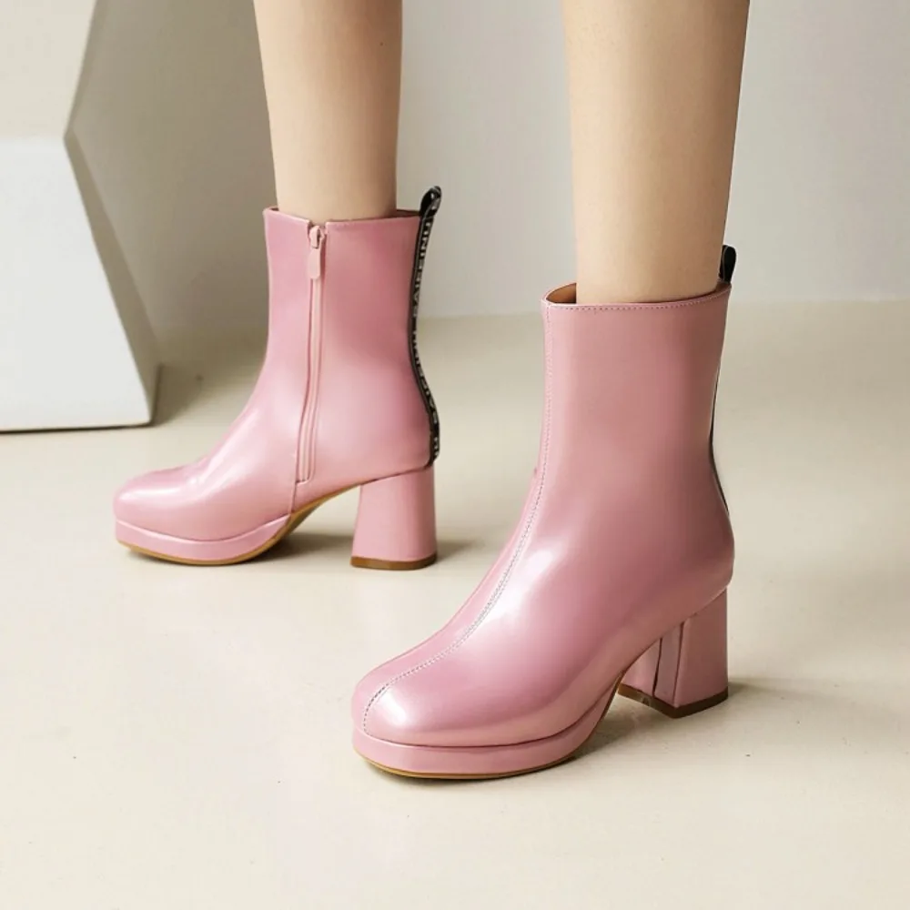 New 7cm High-heeled Cross Dressing Shoes Platform Boots Square Heel Boots Sexy Round Toe Leather Zip Women Mid-calf Boots view 5