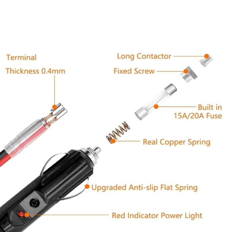 XA6H 12V Fused Cigarettes Male Plug with Leads & LED Light, 16AWG Car Replacement Male 20A Socket Cord