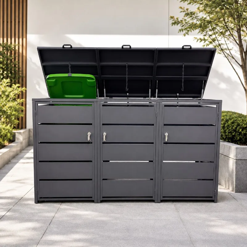 Garden Terrace Triple Garbage Bin Cabinet Metal Storage Cabinet Outdoor Space Durable Weatherproof Structure Classic Removable