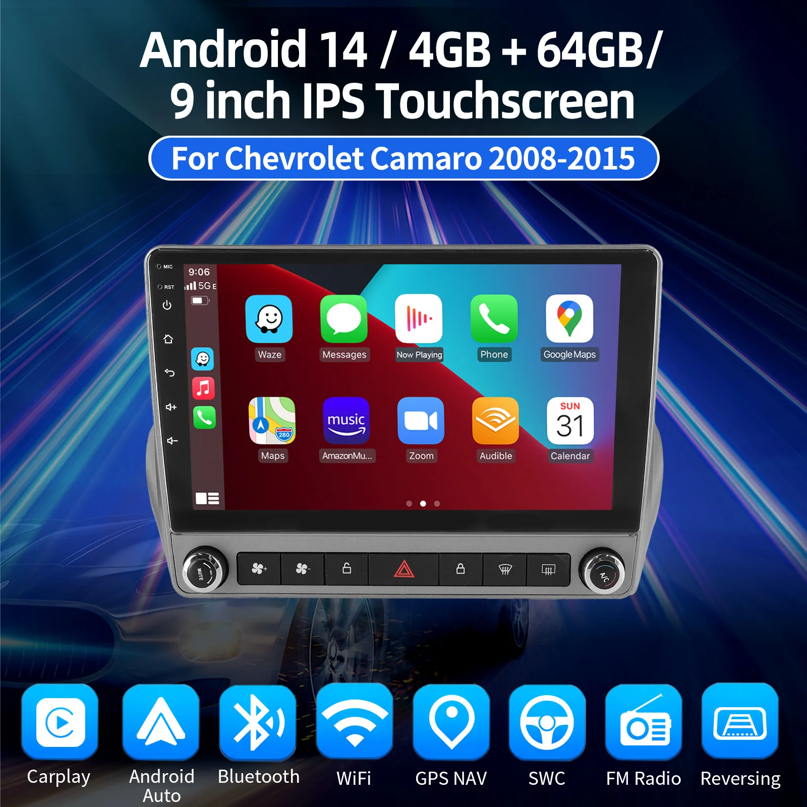 9 "أندرويد 15 Carplay 4 + 64G سيارة نظام تحديد المواقع راديو ستيريو لشروليه كامارو 2010-2015 واي فاي رئيس وحدة بلوتوث شاشة تعمل باللمس + DVR وكاميرا