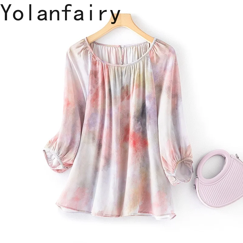 

YOLANFAIRY Dreamy Color, футболки из 100% тутового шелка для женщин, футболки с принтом, элегантная свободная футболка, повседневные футболки Damen