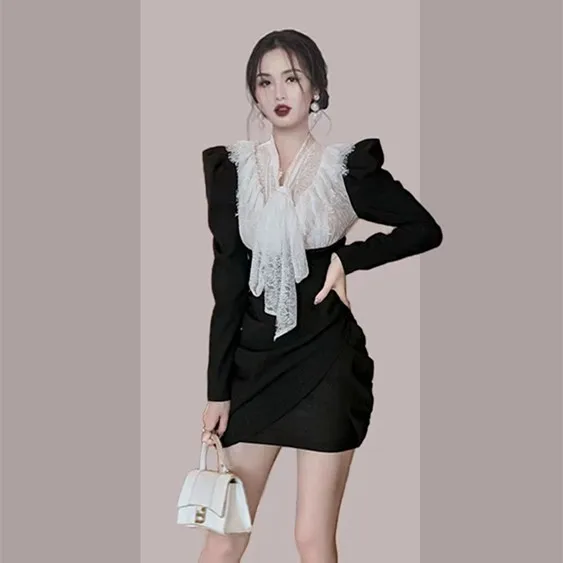 

New Fashion Designer Runway Party Dress 2023 Women Bow Lace Splice Slim Elegant Spring Dress Vestidos