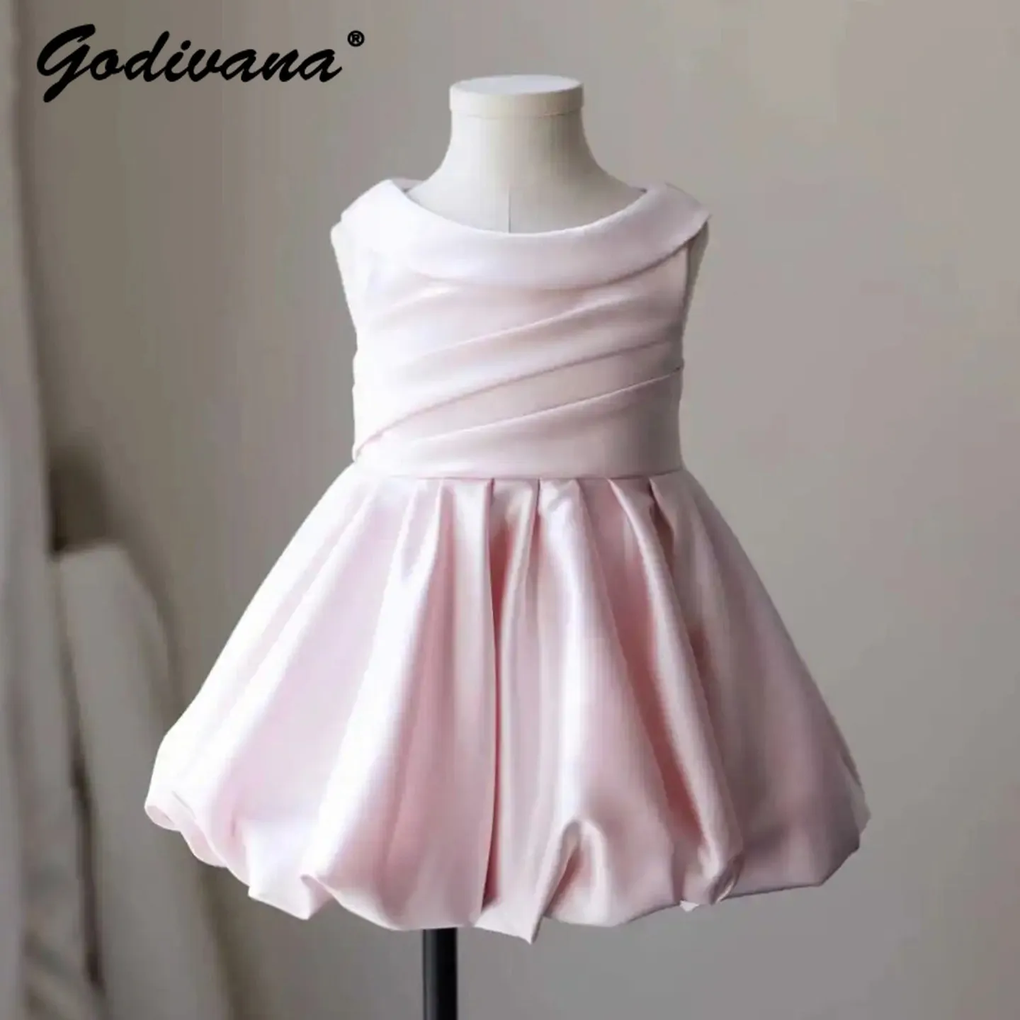 Baby Girls High End Elegant Satin Sweetheart Princess Dress Little Kids Premium Sleeveless Pink Tulip Birthday Party Bud Gown