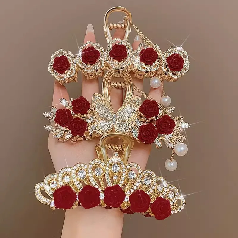 Mode Romatics Mode antike rote Rosen Blumen Haarklammern für Frauen DiamondMetal Haarschmuck
