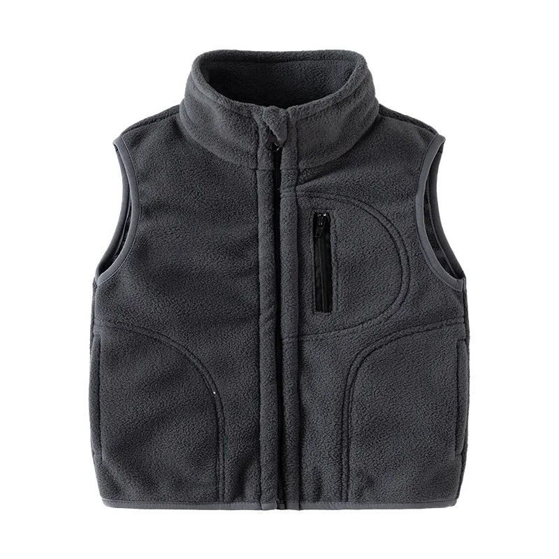 Boys\' Casual Solid Color Fleece Sleeveless Warm Vest Spring Autumn Stylish Stand Collar Zipper Cardigan Waistcoats 2-7 Years Old