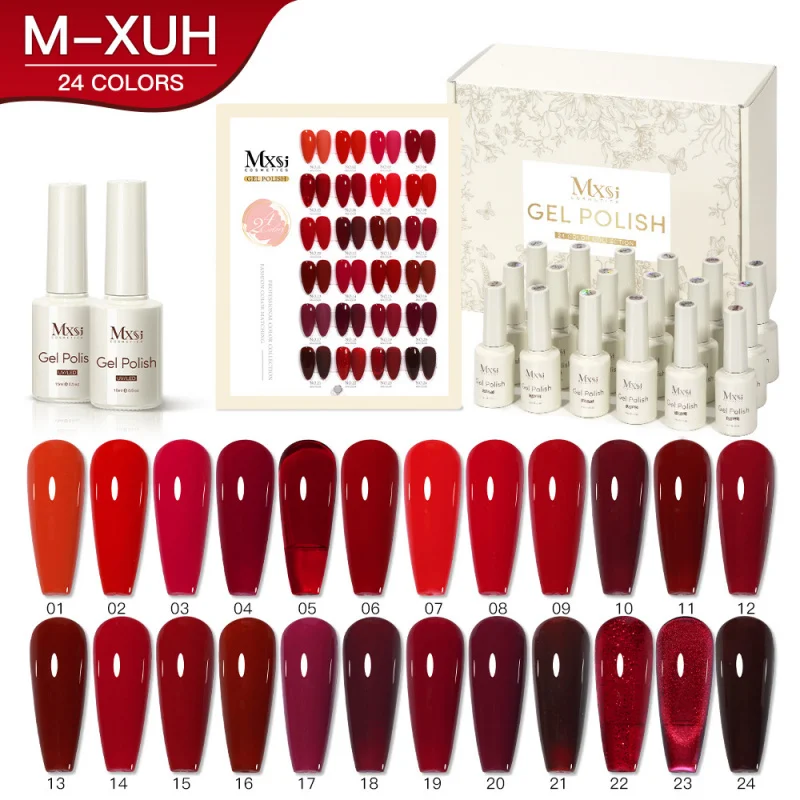Novo Conjunto de Esmalte em Gel Vermelho Vinho e Vermelho Cereja UV LED Soak Off, Kit Profissional de Manicure para Salão, Coleção de 24 Cores, Sistem