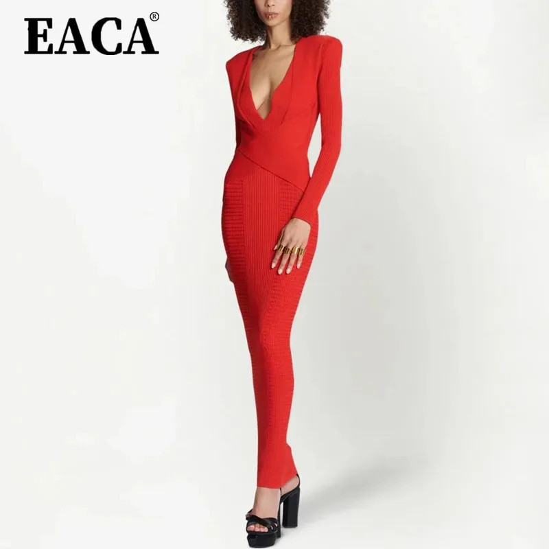 

EACA 2025 Spring/Summer Collection Women's Stylish, High-Quality Dress With A Small V-Neck And Long Sleeves Knitted Dress