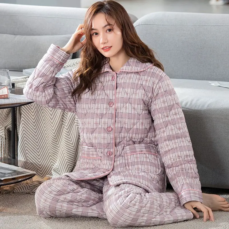 Pure cotton pajamas women\'s winter 2022 new thickened warm three-layer padded jacket women\'s loungewear set